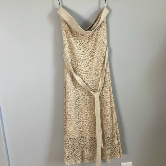 NWOT  bebe Metallic Gold Mini Crochet-Knit Halter A-Line Belted Dress, Size M - Picture 12 of 16
